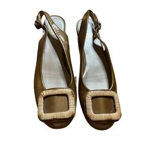 Stuart Weitzman patent leather sling back wooden look trim flats 6 1/2‎ SS (AA)